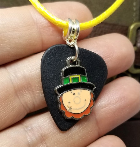 Leprechaun Charm on a Black Guitar Pick Necklace on Yellow Rolled Cord