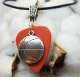 Basketball Charm on a Burnt Orange Guitar Pick with a Black Rolled Cord Necklace