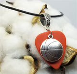 Basketball Charm on a Burnt Orange Guitar Pick with a Black Rolled Cord Necklace
