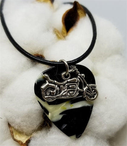 Motorcycle Charm on a Black and White MOP Guitar Pick Necklace with a Rolled Black Leather Cord