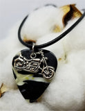 Motorcycle Charm on a Black and White MOP Guitar Pick Necklace with a Rolled Black Leather Cord