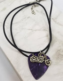 Motorcycle Charm on a Purple MOP Guitar Pick Necklace with a Rolled Black Cord
