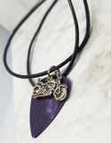 Motorcycle Charm on a Purple MOP Guitar Pick Necklace with a Rolled Black Cord