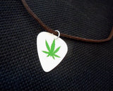 Marijuana Leaf Guitar Pick Necklace on Brown Suede Cord
