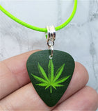 Marijuana Leaf Guitar Pick Necklace on Bright Green Rolled Cord