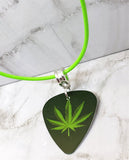 Marijuana Leaf Guitar Pick Necklace on Bright Green Rolled Cord