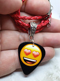 Heart Eyes Emoji Guitar Pick on a Red Braided Cord Necklace