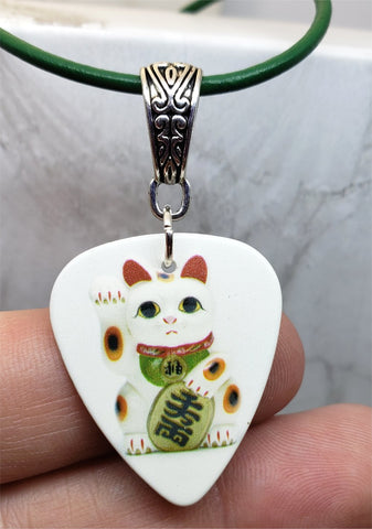 Lucky Cat Guitar Pick Necklace on Green Cord