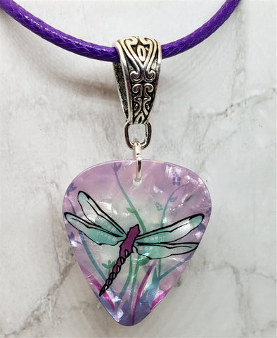 Dragonfly Guitar Pick on a Purple Rolled Cord Necklace