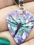 Dragonfly Guitar Pick on a Purple Rolled Cord Necklace