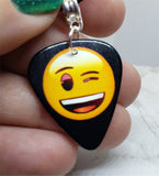 Winking Emoji Guitar Pick Necklace on Black Suede Cord