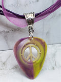 Peace Sign Cut Out Purple and Green Guitar Pick with Purple Ribbon Cord