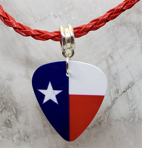 Texas Flag Guitar Pick Necklace with Braided Red Cord