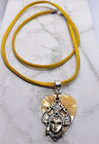 Elaborate Mardi Gras Mask Charm on Gold MOP Guitar Pick Necklace on Black Suede Cord