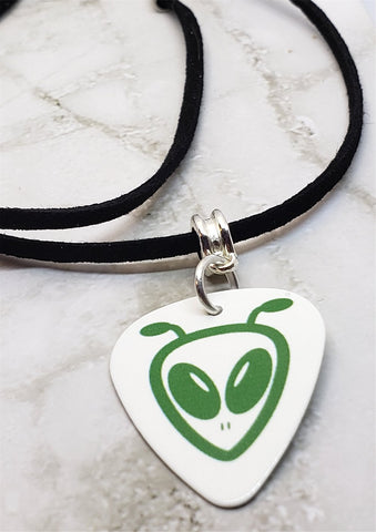 Alien Head on White Guitar Pick Necklace with a Black Suede Cord