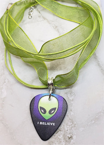 Alien I Believe Guitar Pick Necklace with a Green Ribbon Cord