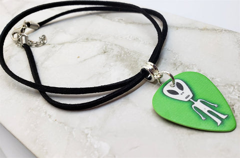 Alien on Green Guitar Pick Necklace on Black Suede Cord