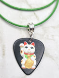 Lucky Cat Black Guitar Pick Necklace on Green Cord