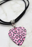 Leopard Print Pink Guitar Pick Necklace on Black Suede Cord