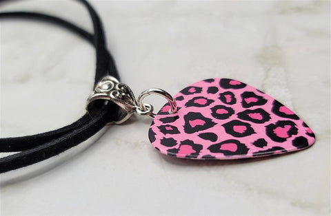 Leopard Print Pink Guitar Pick Necklace on Black Suede Cord