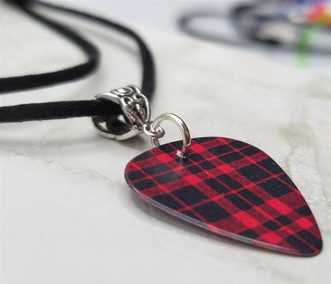 Deep Pink and Black Plaid Guitar Pick Necklace on Black Suede Cord