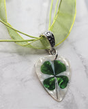 CLEARANCE Shamrock Four Leaf Clover Guitar Pick on a Green Ribbon Cord Necklace