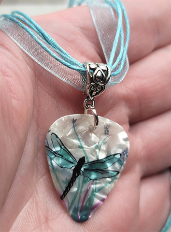 Dragonfly Guitar Pick on a Blue Ribbon Cord Necklace