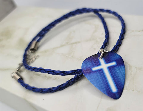 White on Blue Guitar Pick Necklace with Blue Braided Cord