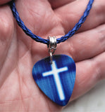 White on Blue Guitar Pick Necklace with Blue Braided Cord
