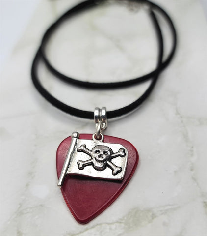 Pirate Flag Charm on Transparent Red Guitar Pick Necklace and Black Suede Cord