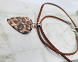 Leopard Print Guitar Pick Necklace on Brown Suede Cord