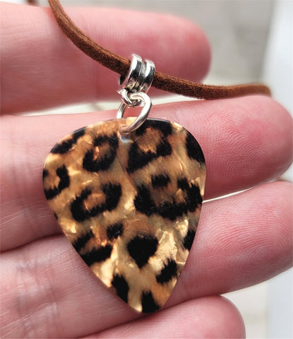 Leopard Print Guitar Pick Necklace on Brown Suede Cord