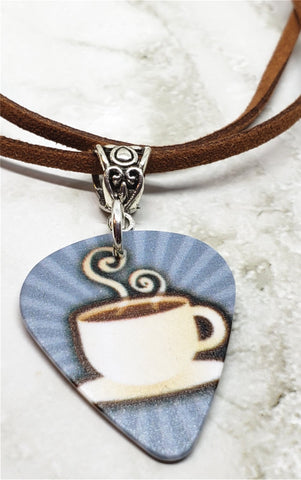 Cup of Coffee Guitar Pick Necklace on Brown Suede Cord
