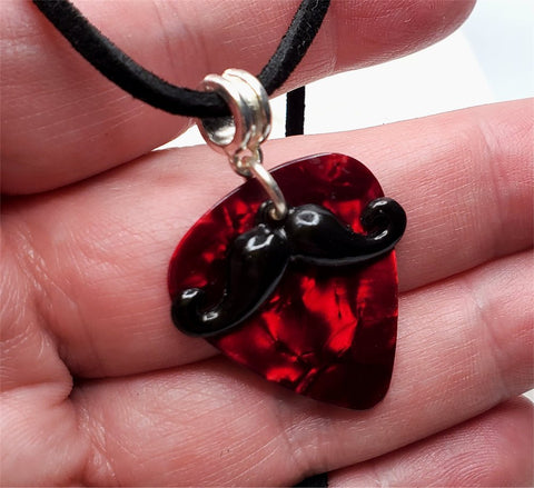Black Mustache Charm with a Red MOP Guitar Pick Necklace on a Black Suede Cord