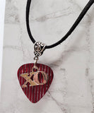 XO on Red with Pinstripes Guitar Pick and Black Suede Cord Necklace