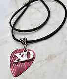 XO on Red with Pinstripes Guitar Pick and Black Suede Cord Necklace