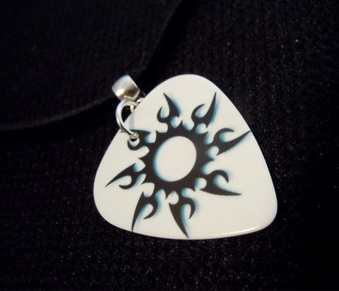 Tribal Sun White Guitar Pick Necklace on Black Suede Cord