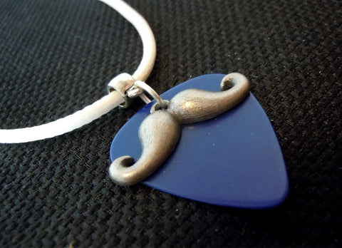 Mustache Charm with a Blue Guitar Pick on a White Rolled Cord Necklace