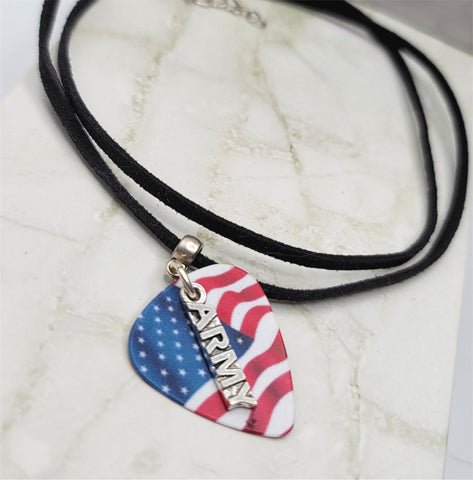 Army Charm on American Flag Guitar Pick Necklace on Black Suede Cord