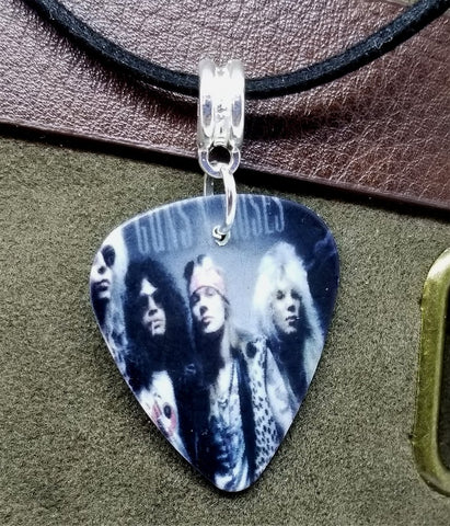 Guns n' Roses Group Picture Guitar Pick Necklace on Black Suede Cord