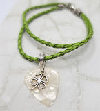 Shamrock Four Leaf Clover Charm with a White MOP Guitar Pick Necklace on a Green Braided Cord