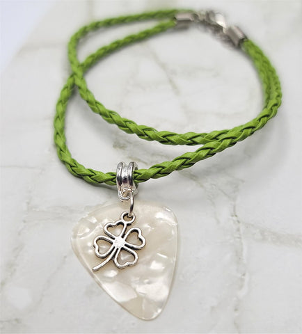 Shamrock Four Leaf Clover Charm with a White MOP Guitar Pick Necklace on a Green Braided Cord