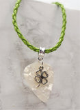 Shamrock Four Leaf Clover Charm with a White MOP Guitar Pick Necklace on a Green Braided Cord