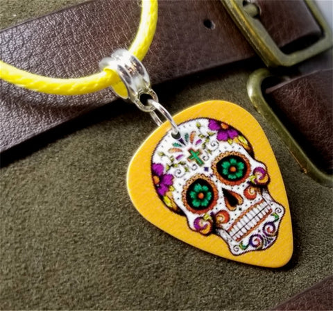 Sugar Skull Guitar Pick Necklace on a Yellow Rolled Cord