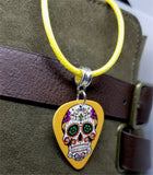 Sugar Skull Guitar Pick Necklace on a Yellow Rolled Cord