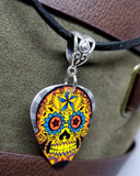 Orange and Blue Sugar Skull Guitar Pick Necklace on Black Suede Cord