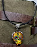 Orange and Blue Sugar Skull Guitar Pick Necklace on Black Suede Cord