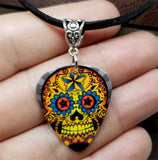 Orange and Blue Sugar Skull Guitar Pick Necklace on Black Suede Cord