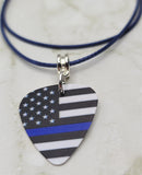 American Flag Blue Line Police Awareness Guitar Pick Necklace on Rolled Blue Cord