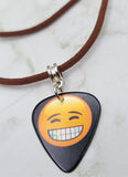 Big Smile Emoji Guitar Pick Necklace on Brown Suede Cord